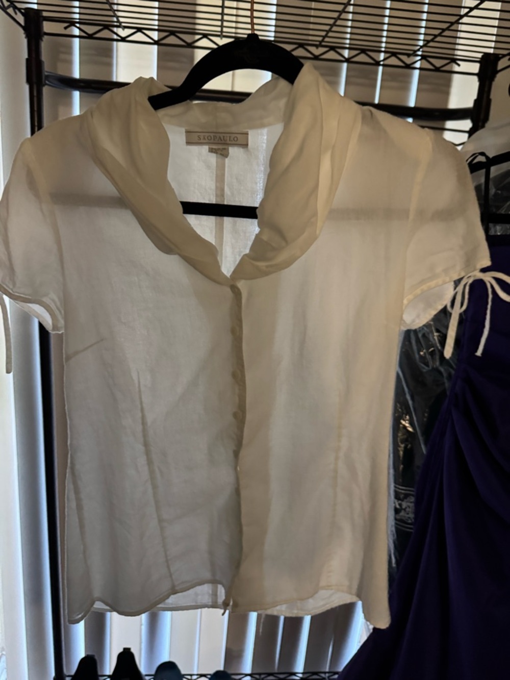 Sao Paulo White Short-Sleeve Draped Collar Blouse